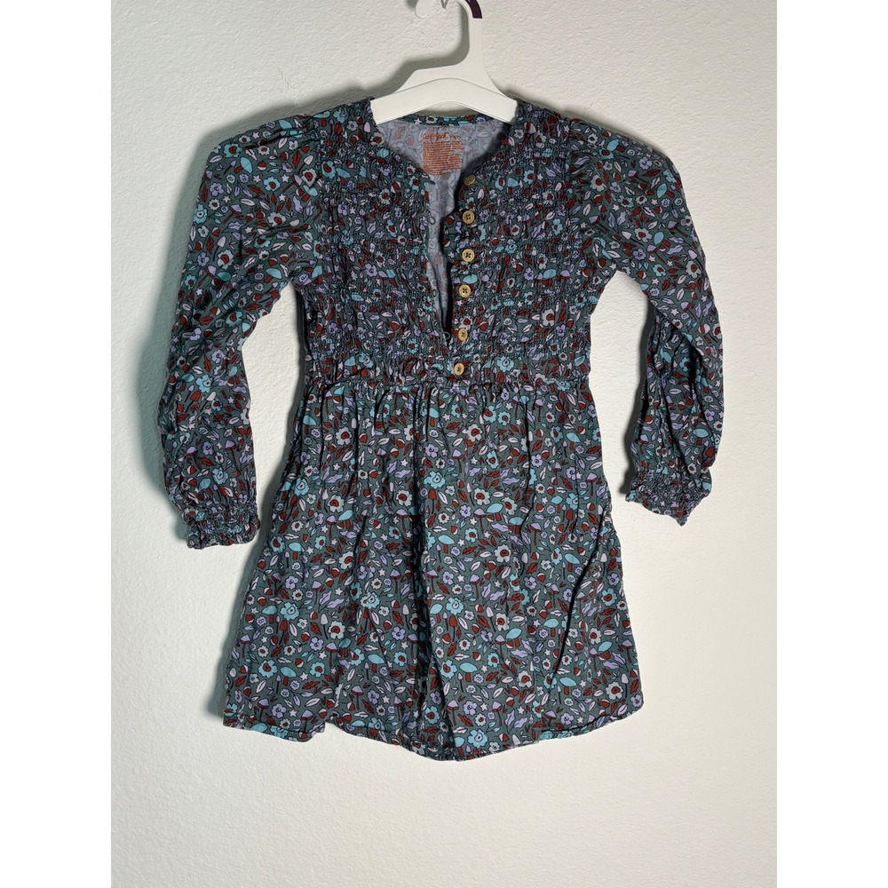 Cat & Jack Girls Floral Smocked Long Sleeve Dress Blue Red Teal Size S‎ 6/7